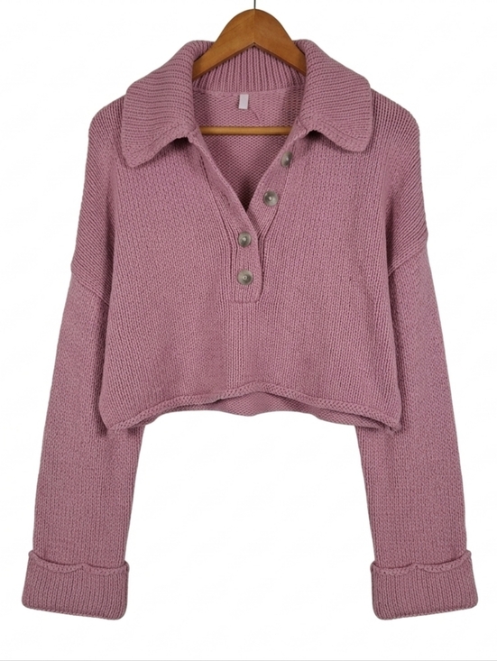 Show Me Your MuMu Sweaters - Show Me Your Mumu Crawford Cropped Sweater Pink Knit Henley Polo Collar Size S